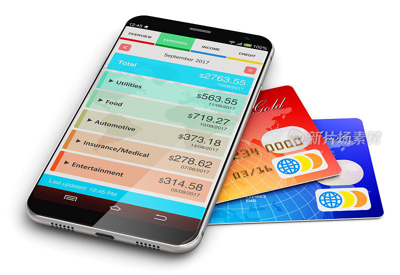 有理财软件和银行信用卡的智能手机