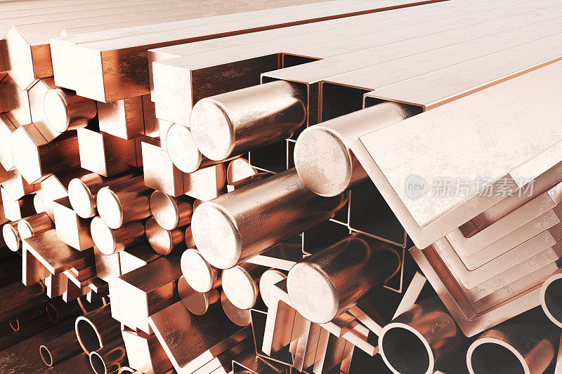 圆柱铜钢型材，六角铜钢型材，方形铜钢型材。不同铜钢制品，3D插图
