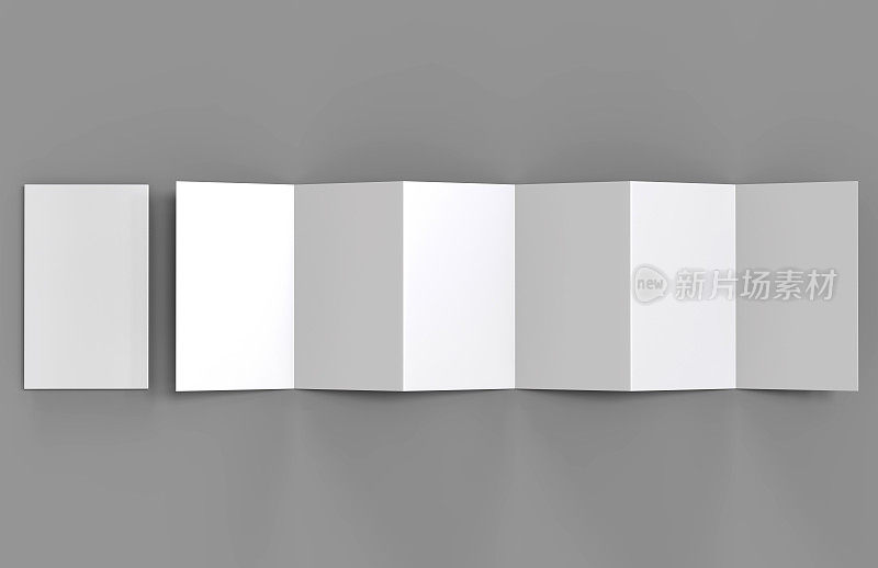 手风琴折叠垂直宣传册，12页传单或宣传册模型，手风琴折叠。空白白色3d渲染插图。