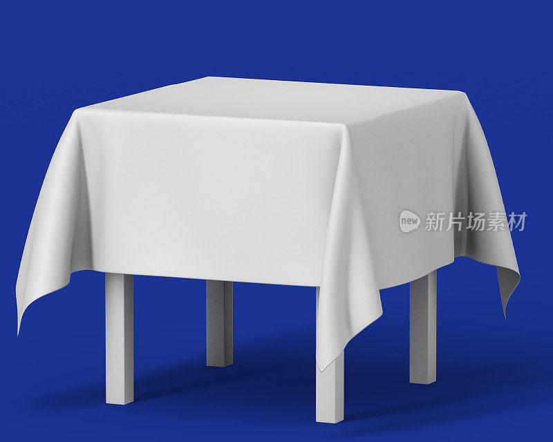 白色方形独立桌子与长台布。设置为蓝色背景。3d插图，模板BTL线下3d插图