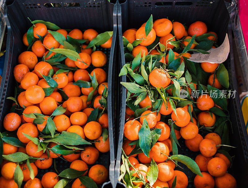 柑橘类。在农贸市场或商店展示的新鲜橙子。收获的概念。俯视图