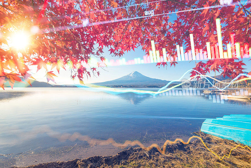 早晨富士山和川口湖的投资和银行主题，秋天的季节在日本山立富士山。