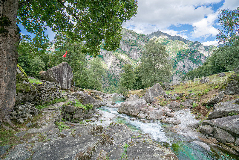 河顶瀑布环绕青山，瑞士国旗-瑞士