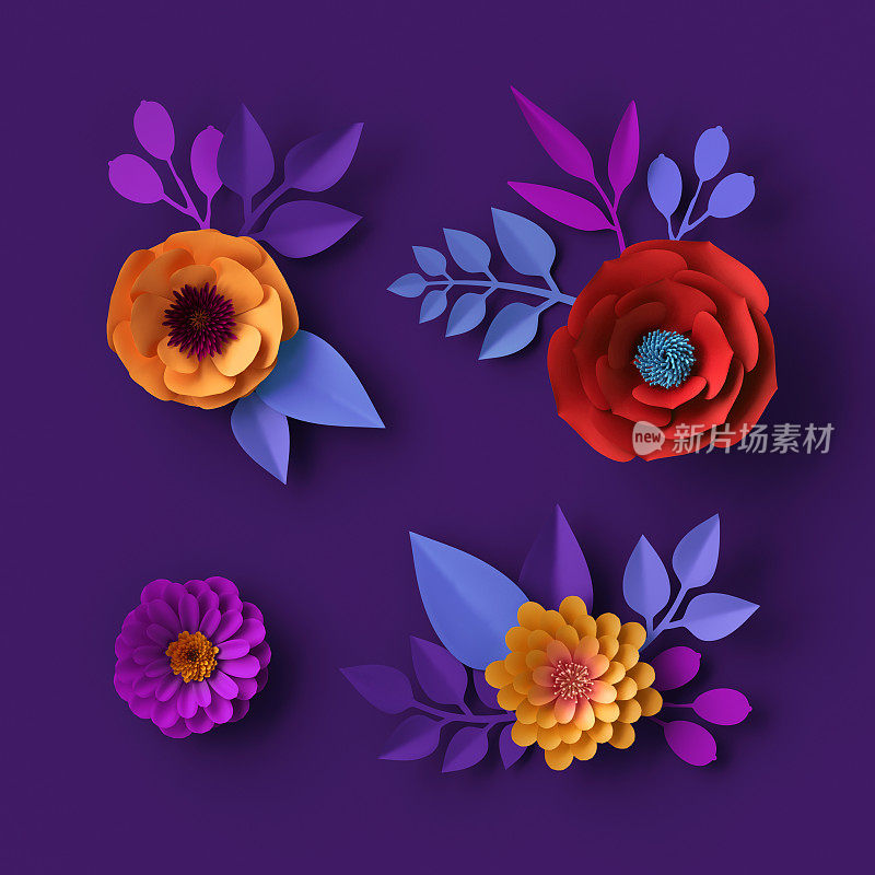 3d彩色霓虹灯纸花壁纸，植物背景，红色罂粟，粉色大丽花，春夏剪辑艺术，花卉设计元素