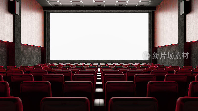 空电影院的红色座位和空白屏幕