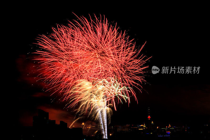 夜空焰火表演，庆祝新年的到来