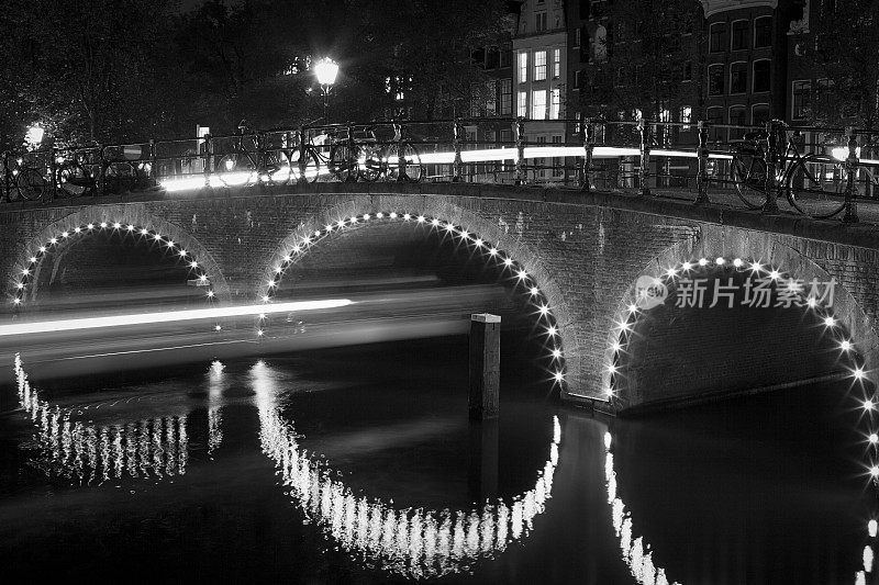 荷兰阿姆斯特丹，夜晚有灯光的运河桥