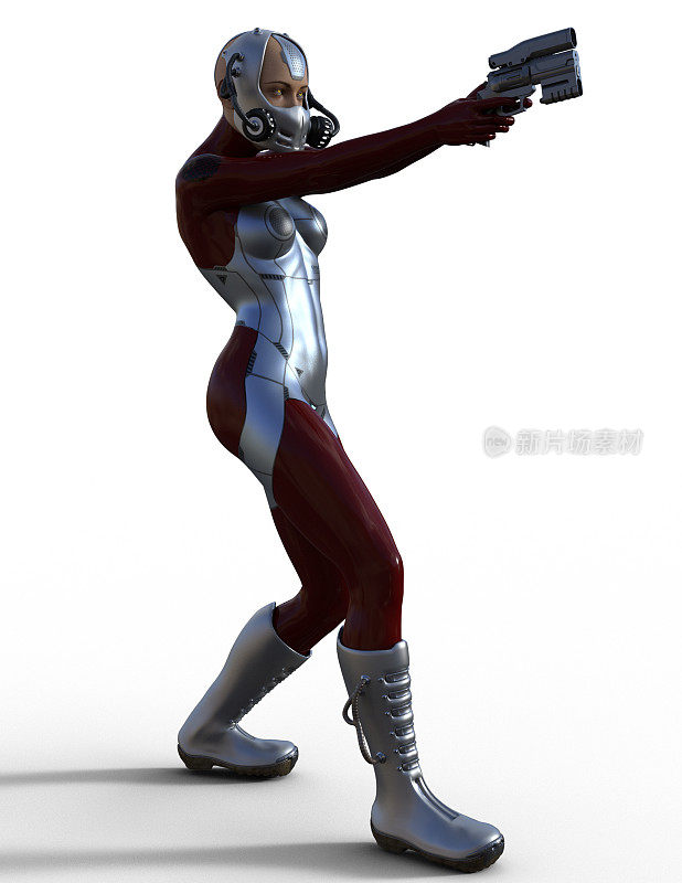 机器人女战士，带枪，3d插图