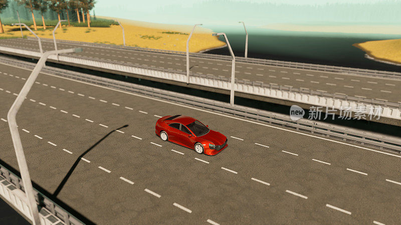 现代的红色汽车在桥上行驶
