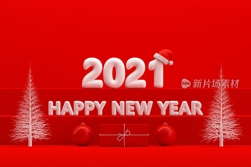 圣诞2021新年概念，红色背景，楼梯站讲台