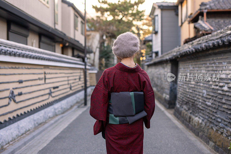 后视图的日本妇女在和服站在狭窄的街道中央