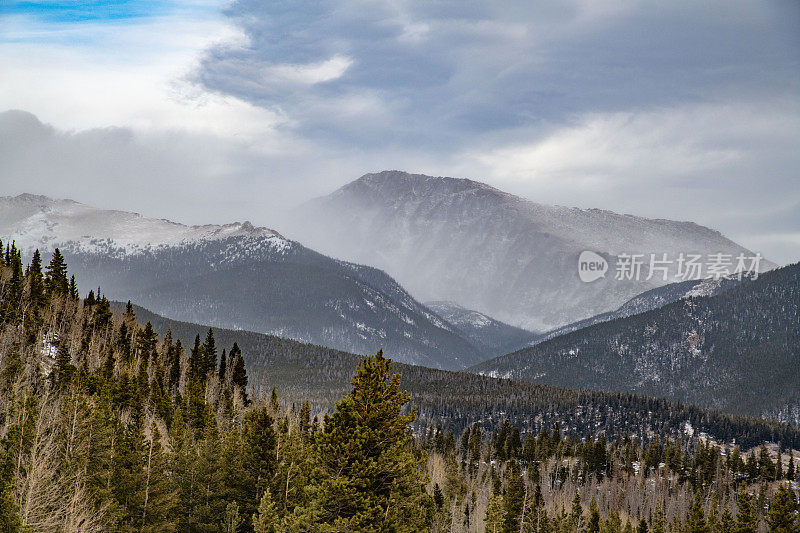 树木和雪与高海拔的山和天空的背景