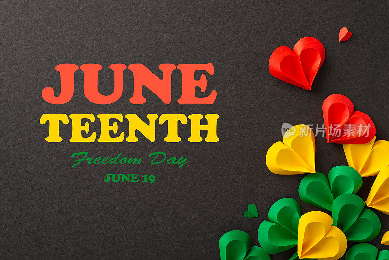 解放庆典:黑色上的红、绿、黄相间的心，象征六月节奴隶制的终结。上面有文字铭文的俯视图照片