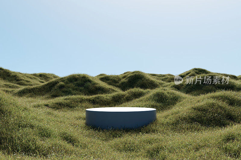 抽象的3d渲染平台和仿真的自然背景，石头讲台上的草地背景草甸山，用于产品展台展示，广告，化妆品等