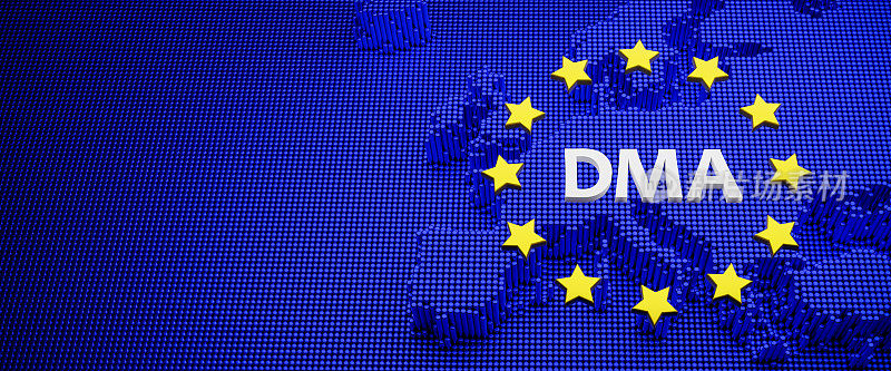 欧洲数字市场法案概念。字母DMA被黄色星星包围，蓝色背景显示欧洲。代表立法的数字性质的引脚。