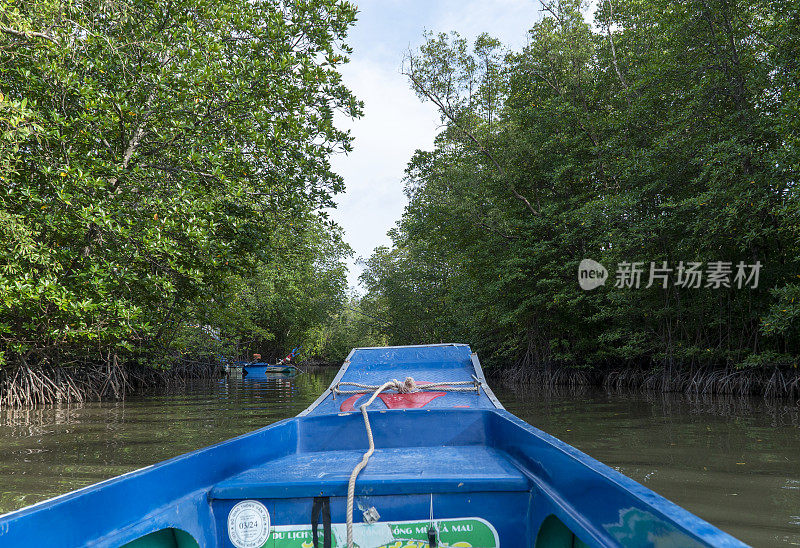 这艘复合船在湄公河三角洲嘉茂红树林的运河中央航行。