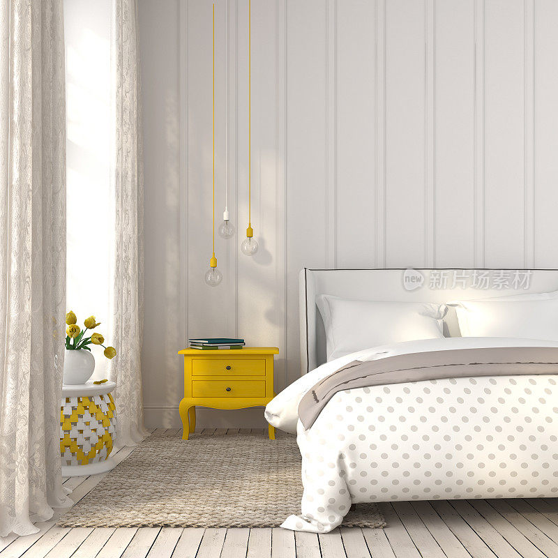 浅色卧室，黄色床头柜