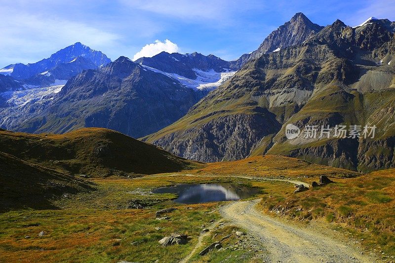 瑞士阿尔卑斯山，湖泊倒影，乡村公路，高山草甸，泽马特