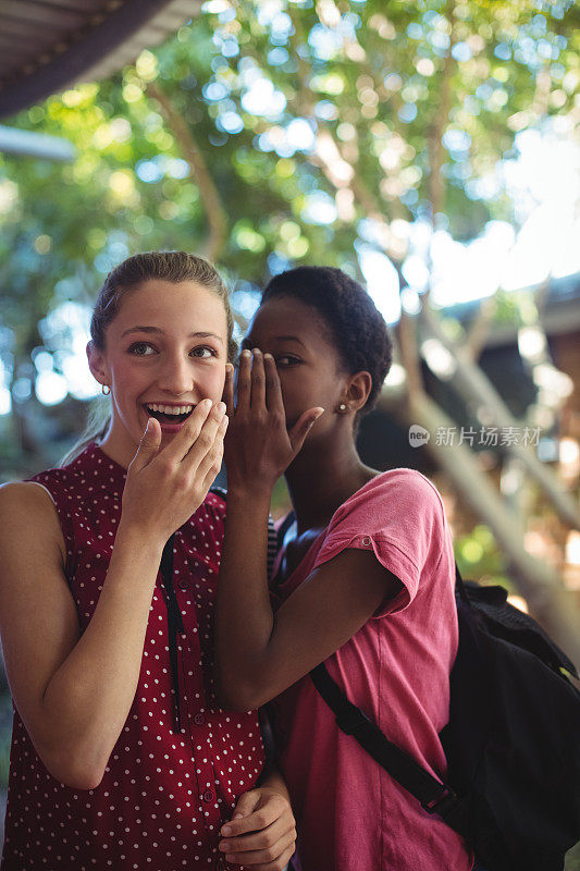 一个女学生在她朋友的耳边低语