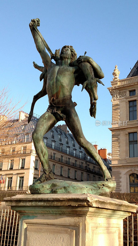 近距离雕像猎人和鹿杜伊勒里花园法国巴黎