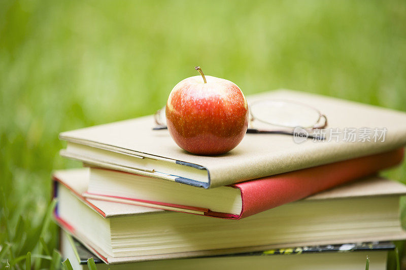 回到学校。草地上有苹果的书堆。校园。