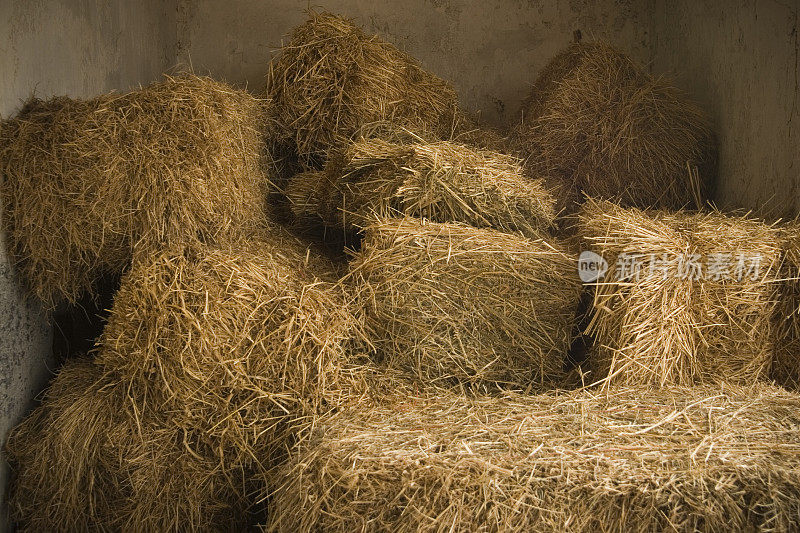 一捆捆干草堆在谷仓里