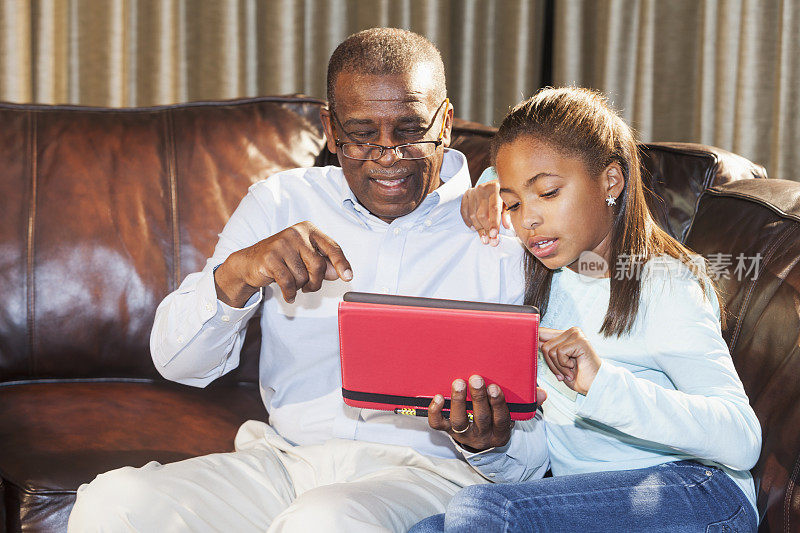 老汉跟孙子学习如何使用数码平板电脑