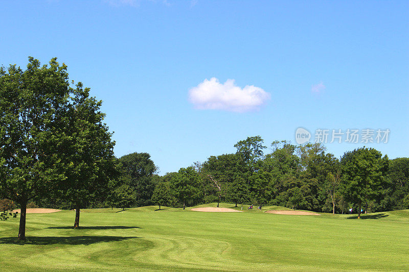 高尔夫球场的绿色草地，树木，沙坑，危险，天空