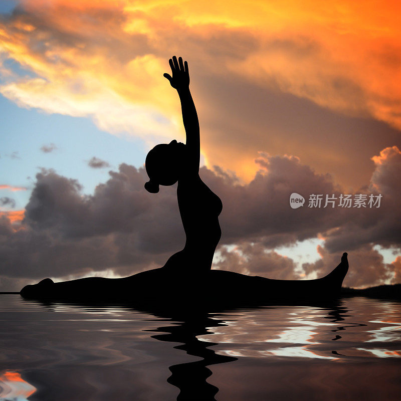 女人剪影做平衡的姿势对日落天空的背景