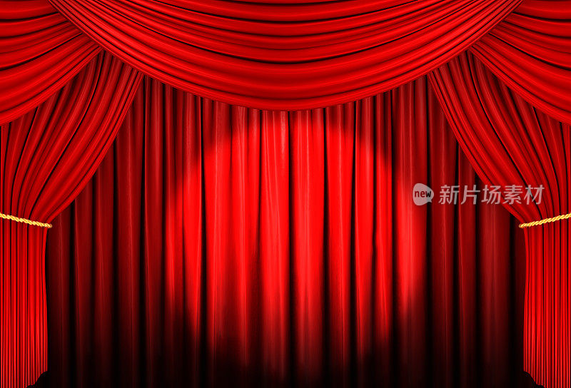 红色舞台窗帘与聚光灯，3d插图