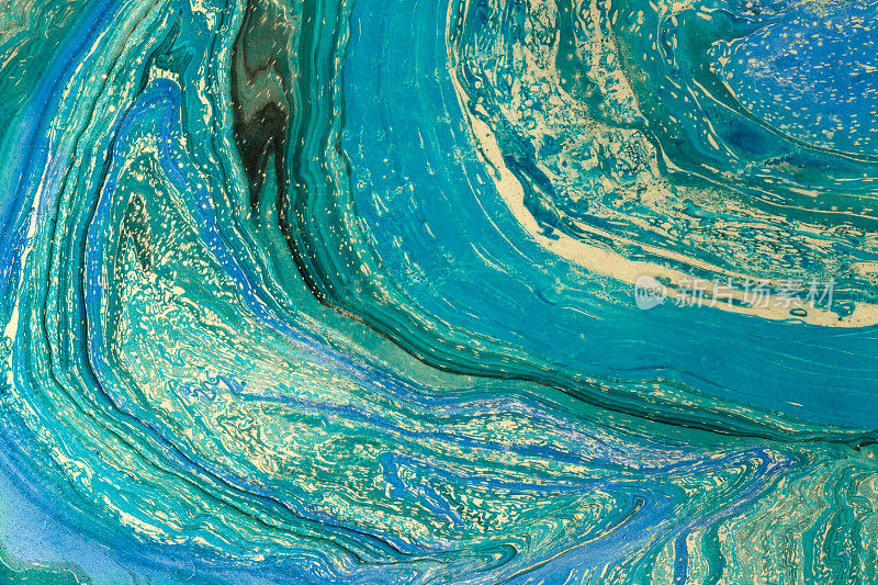 蓝色大理石花纹纹理。创意背景与抽象油画波浪手工表面。液体涂料。