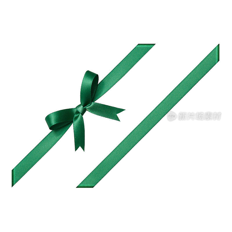 绿色的礼品丝带系在一个蝴蝶结在白色的背景，剪出顶视图