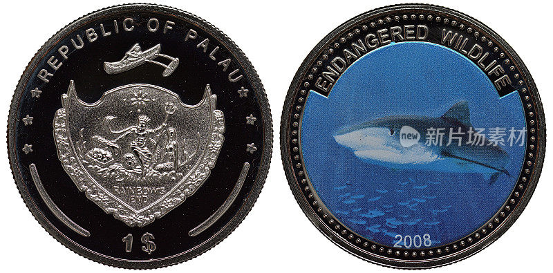 帕劳帕劳硬币1美元2008，主题濒危野生动物，武器，盾牌与海王拿着三叉戟，胸部硬币和美人鱼，鲨鱼，