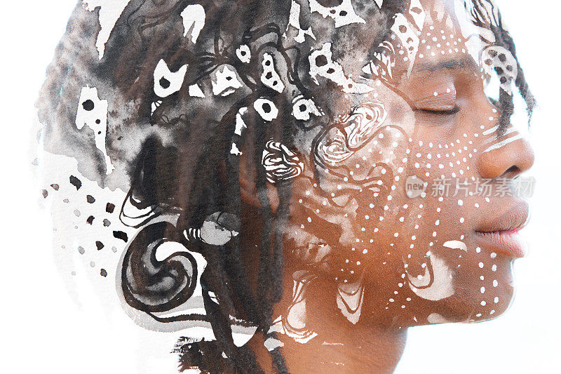 Paintography。放松的非洲人结合双重曝光艺术技术和手绘绘画