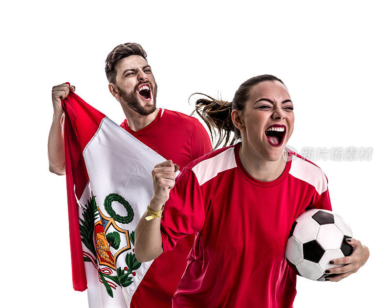一对秘鲁球迷在白色背景下庆祝