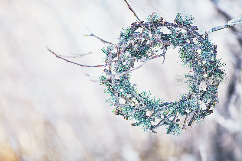 常青的花环挂在白雪覆盖的树枝上