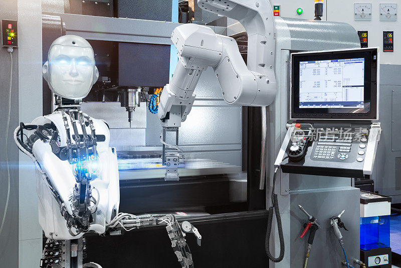 仿人机器人在智能工厂中利用数控机床控制自动化机器人工业。未来技术的概念