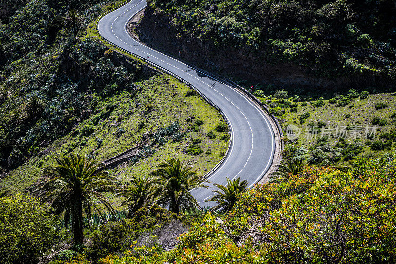 在美丽的加那利岛山谷的汽车道路弯道