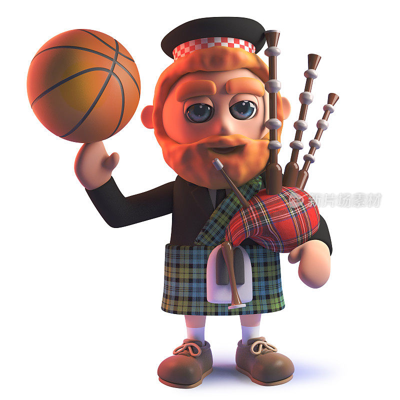 卡通3d苏格兰男子穿着苏格兰短裙，手指上戴着一个篮球