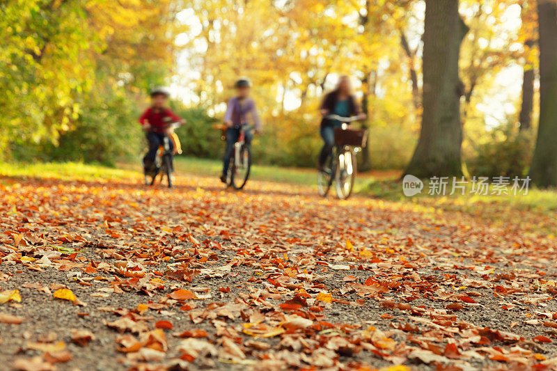 一家人骑自行车穿过秋天公园