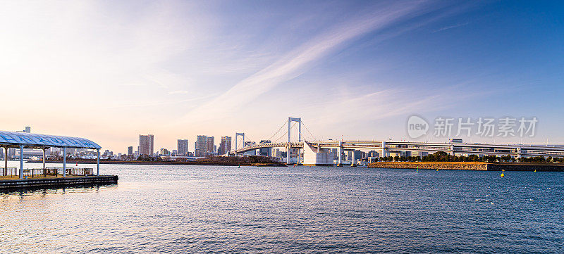 东京台场彩虹桥全景日落，日本