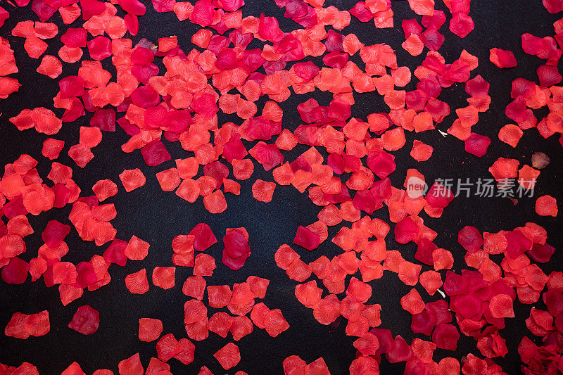 红色织物玫瑰花瓣上的黑色背景俯视图从上面