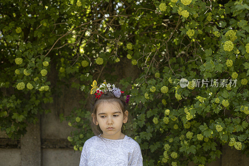 可爱的小女孩在春日戴着花在她的头发