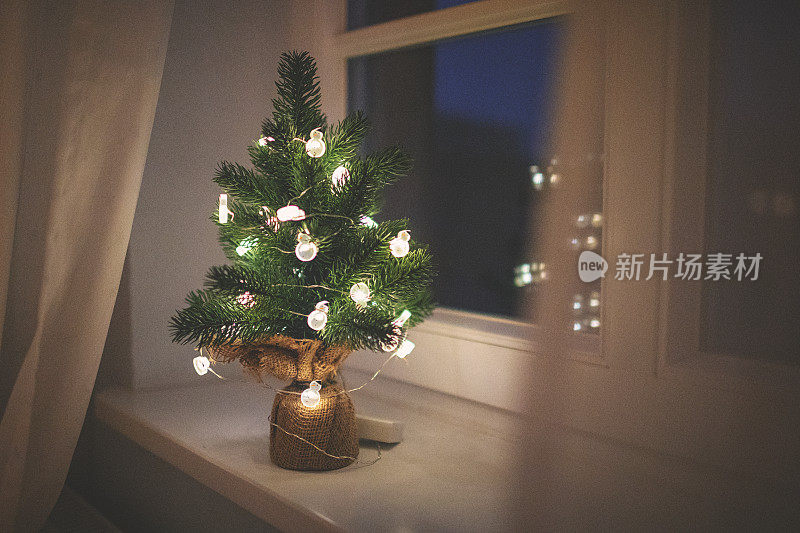 窗台上挂着灯的小圣诞树
