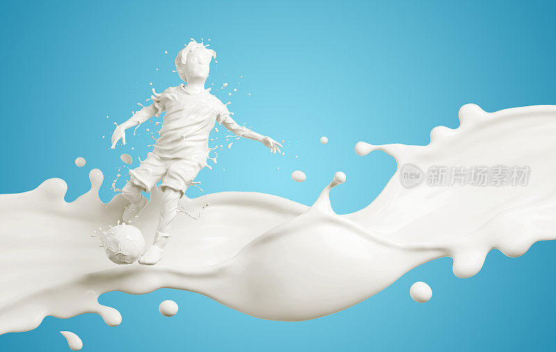 牛奶溅在男孩踢足球的身体上。