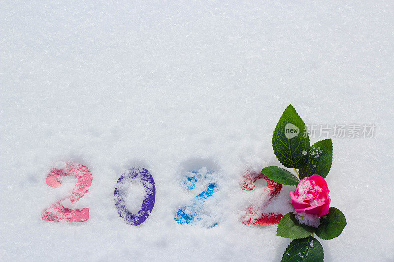 在雪地上用自然纹理的彩色字母写下2022年的新年设计