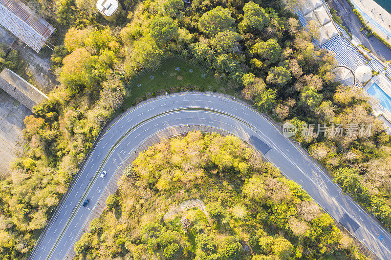 蜿蜒的道路。穿过森林的田园诗般的蜿蜒道路