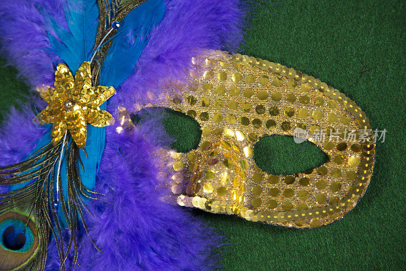 LV狂欢节用羽毛装饰的亮片面具。绿色背景。