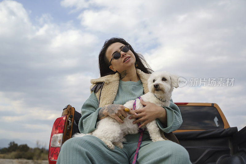 年轻漂亮的女人和她的小狗小狗坐在一辆皮卡的后座上享受着一辆汽车