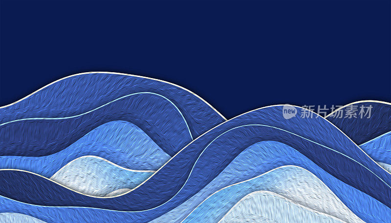 装饰抽象画图像蓝色梯度波浪背景。